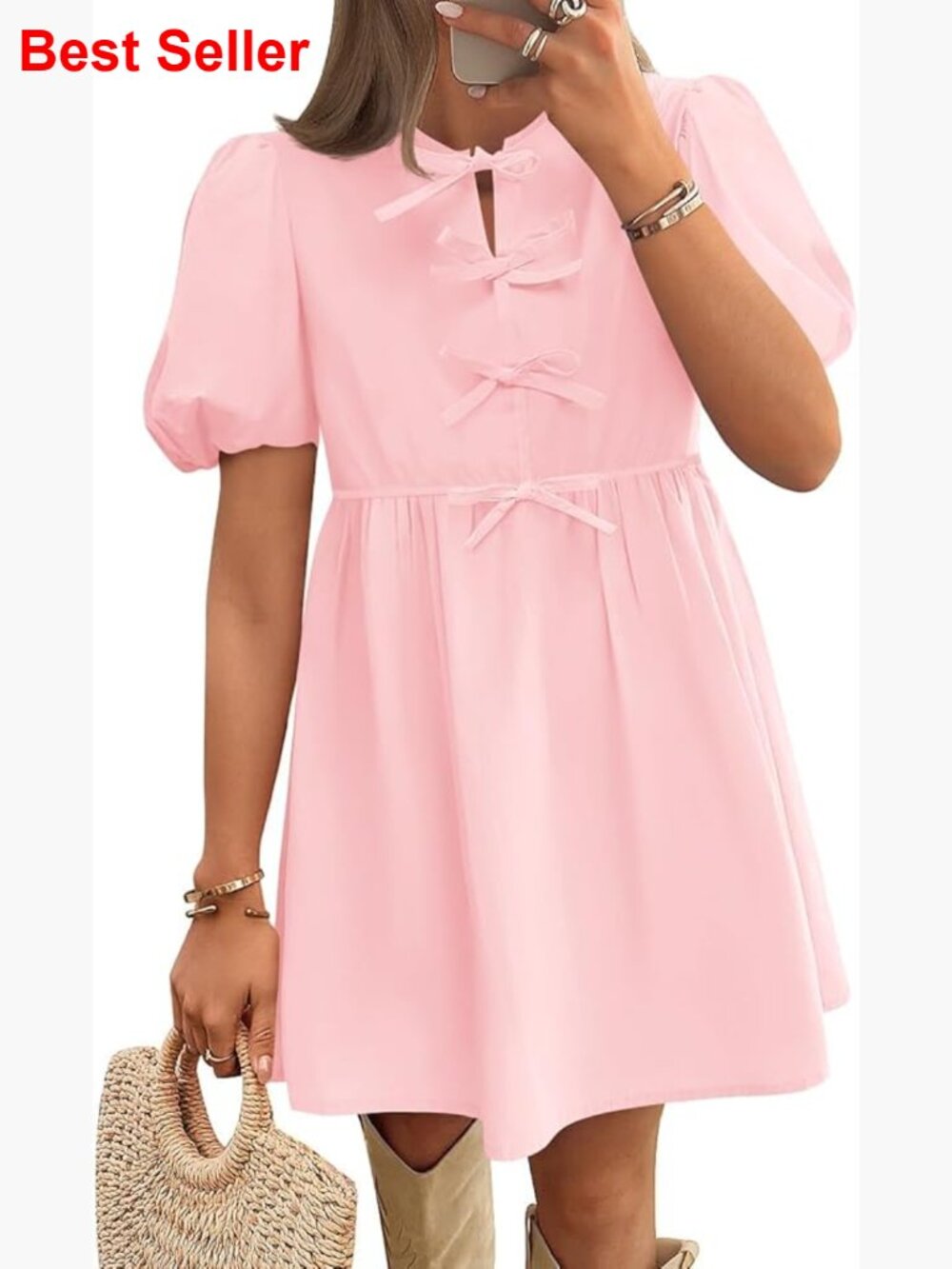 Viscose Tie Front Babydoll Mini Dress With Puff Sleeves